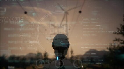 Wall Mural - 3d render animation of closeup robot head from behind . camera follow humanoid walk in landscape