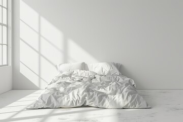 Sticker - A minimalist bedroom featuring an unmade bed with white bedding, casting a clean aesthetic for a wallpaper or background