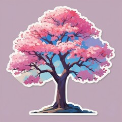 Sticker of a beautiful cherry blossom tree. 3D cartoon style with dynamic colors, isolated on a simple background.