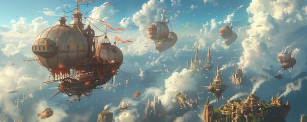 Wall Mural - a caravan of airships sails through the sky, carrying passengers across a vast steampunk landscape d