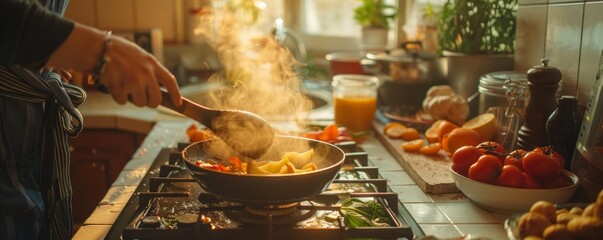 A person cooking dinner in their kitchen, the aroma of food filling the air.