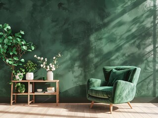 Sticker - A modern room with a green wall providing a calming wallpaper effect, featuring a velvet armchair and plants