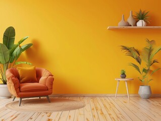 Sticker - A trendy interior setup featuring a cozy orange chair with yellow walls for an ideal home decor wallpaper or background