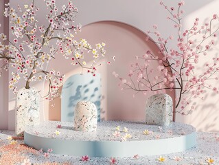 Poster - A serene display of cherry blossoms on minimalist white podiums, an idealistic wallpaper or background celebrating spring