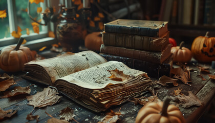 Wall Mural - An open book with a blue cover and yellow leaves on the table