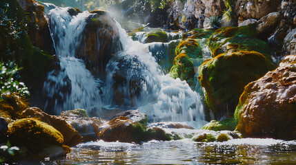 Wall Mural - Waterfall on green mountain, background
