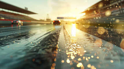 Race track glistens after rain. Sun shines as cars and motorcycles prepare to speed off with a blur of motion.