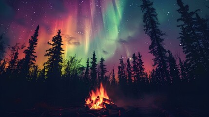 Wall Mural - a cozy campfire with the vibrant colors of the northern lights in a starring night sky above a fores