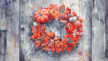Wall Mural - A wreath of autumn leaves and pumpkins is hanging on a door