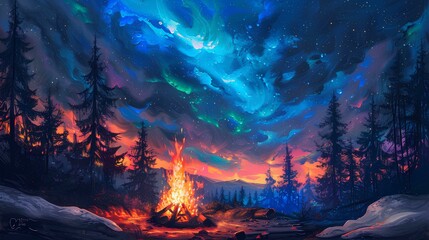 Wall Mural - A cozy campfire with the vibrant colors of the northern lights in a starring night sky above a forest landscape