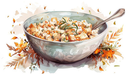 Wall Mural - A bowl of food with a spoon and a pile of leaves