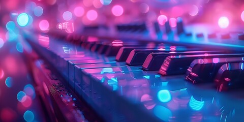 Vibrant Neon Keyboard with Abstract Bokeh Lighting in Pink and Blue