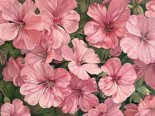 Wall Mural - A close-up of pink geranium flowers with detailed petals and leaves creates a floral wallpaper or background