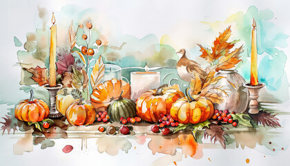 Wall Mural - A painting of a table with candles and pumpkins