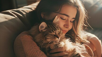 A young woman lovingly holding her fluffy cat on the sofa in the living room, showcasing the affectionate relationship and happiness of having a domestic pet