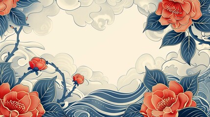 Sticker - Decorative Asian-inspired floral wallpaper with stylized waves and cloud background patterns