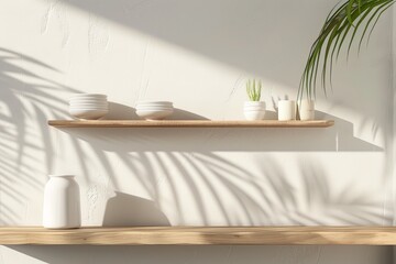 Sticker - A warm, calming image of a sunlit wall with a wooden shelf displaying pottery and a green plant, perfect for a serene wallpaper or background