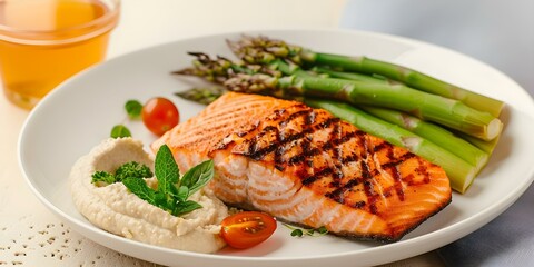 Wall Mural - Grilled or baked salmon with quinoa asparagus tomatoes and hummus. Concept Grilled Salmon, Baked Salmon, Quinoa, Asparagus, Tomatoes, Hummus