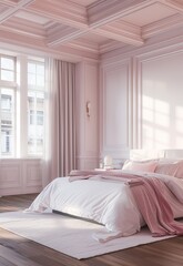 Canvas Print - This image depicts a luxurious bedroom with a blend of pink and white shades perfect for a wallpaper or background