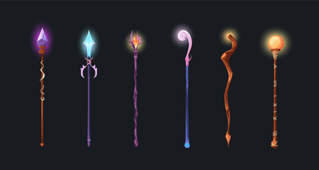 Cartoon Color Different Type Magical Staff Set Wizard Weapon Game Concept Flat Design Style. Vector illustration