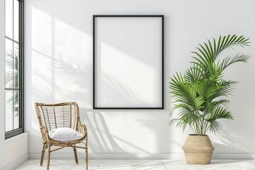 Poster - Bright minimalist interior with a rattan chair, plant, and picture frame that serves as a neutral wallpaper or background