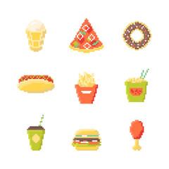 Poster - Cartoon Color Pixel Art Fast Food Icon Set Concept Flat Design Style Include of Burger, Pizza, Donut, Chicken and Coffee. Vector illustration of Menu Elements