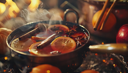 A person is pouring a liquid into a pot with oranges and spices