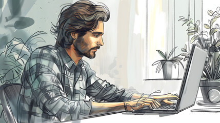 In this hand drawn style modern design illustration, a handsome young man is seen in an office working on his computer at a table.