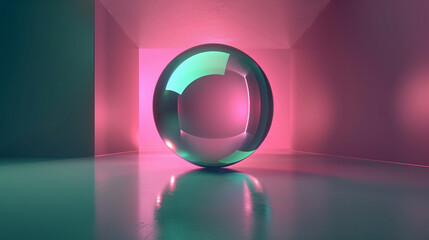 Wall Mural - Glossy 3D sphere with light pink and green hues, floating in a minimalistic, dark background