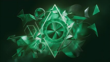 The image captures an array of dynamic green geometric shapes overlaid on a dark, mysterious backdrop