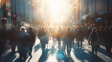 Wall Mural - crowd of people walking on city street