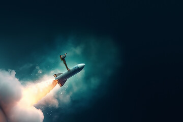 Wall Mural - a person stands on a rocket, looking through binoculars, against a dark blue sky background, concept