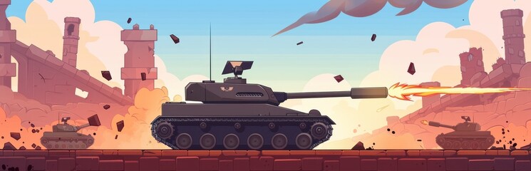 Epic Tank Battle in Cartoon Style. Armored Warfare and Military Action