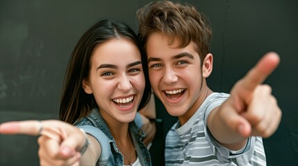 Happy teenagers pointing fingers at camera and smiling