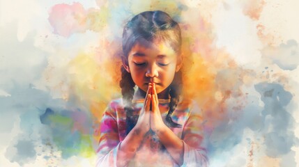 Wall Mural - Image of a little girl in worship on watercolor background.