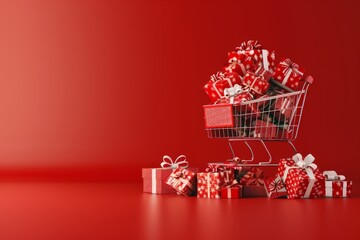 Red Shopping Cart Piled High with Gift Boxes and Ribbons