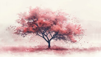 Poster - Pink Blossom Tree in a Field of Fallen Petals