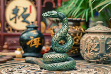 Green snake statue on a decorative table with oriental pottery and calligraphy