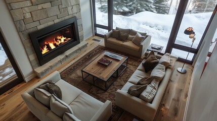 High angle view of living room with comfortable sofas and coffee table arranged in front of fireplace and next to large window