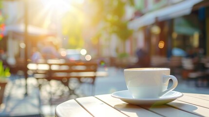 Wall Mural - Morning coffee. White cup of coffee on table in outdoors cafe with blurred city street background