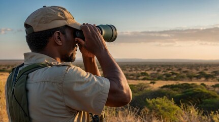 south africa ranger looking through binoculars in sear