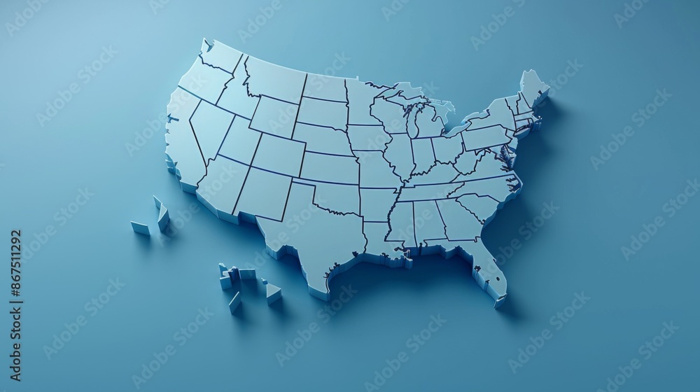 A minimalist 3D rendering of the map of the United States in soft blue ...
