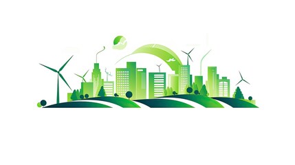 Wall Mural - Eco-friendly energy symbol with a green cityscape and leaf icon isolated on a white background