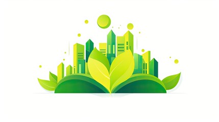 Canvas Print - Eco-friendly energy symbol with a green cityscape and leaf icon isolated on a white background