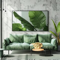 Poster - Abstract representation of comfort in a stylish modern living room with green sofa and wall art ideal for background and wallpaper best-seller