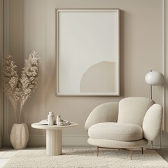 Wall Mural - A neutral-toned minimalist living room setup offers a sleek, best-seller look with a comfortable armchair, abstract art, and a stylish lamp for a timeless wallpaper background