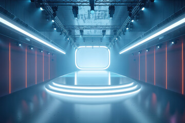 Canvas Print - A large, empty stage with neon lights and a large white screen