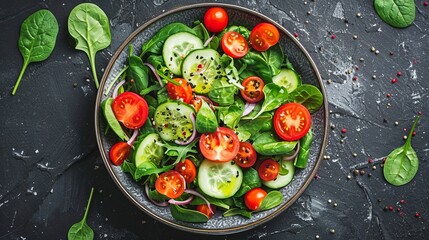 Wall Mural - Fresh vegetable salad in bowl on dark background. Vivid greens and ripe tomatoes create a healthy dish. Food photography, healthy eating, and vibrant colors 