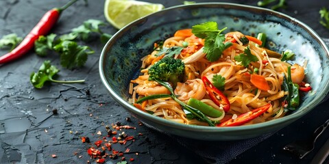 Wall Mural - Classic pad Thai stirfried rice noodles with vegetables in aromatic sauce. Concept Stir-fried Noodles, Thai Cuisine, Vegetable Stir-fry, Aromatic Sauce, Classic Recipe