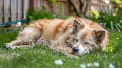 Sticker - Beautiful unkempt fluffy pale adorable overweight mixed breed dog lounging in backyard